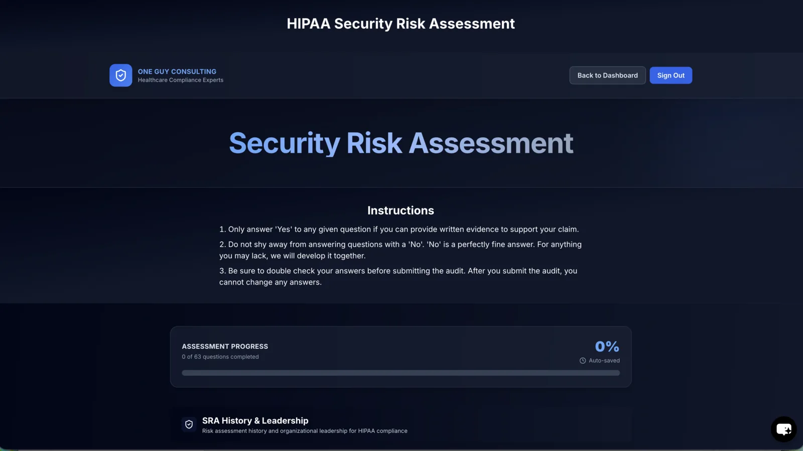 Security Risk Assessment start screen in the One Guy Consulting portal, with instructions and a 63-question progress tracker